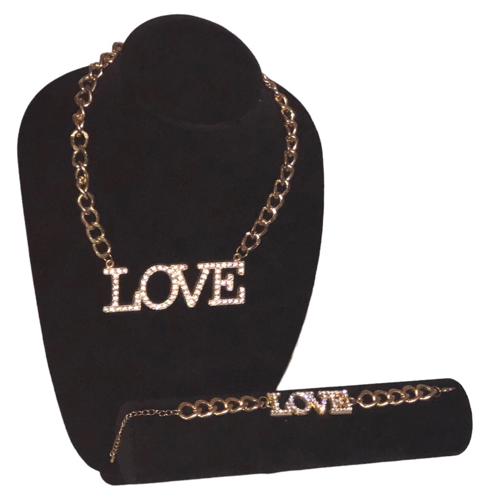Necklace & Bracelet Matching Set - Chunky Chain & LOVE in Rhinestone Let…